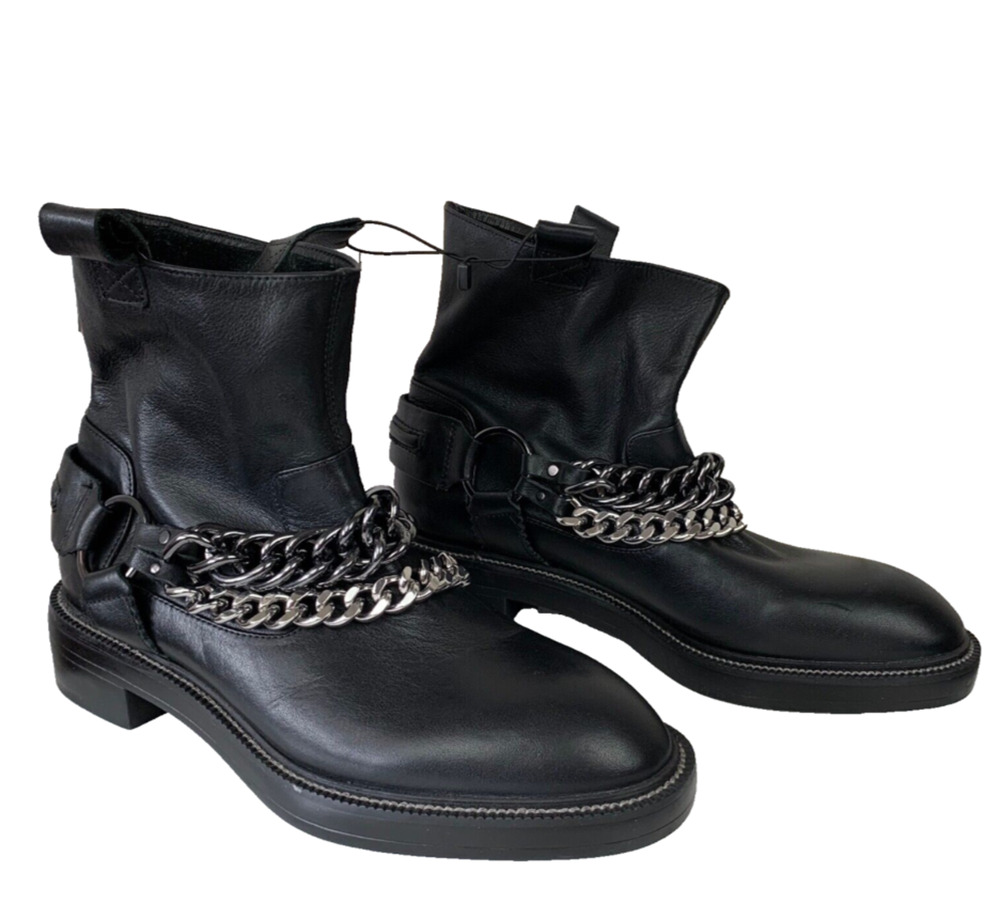 ZARA Womens Black Leather Ankle Combat Boots With Chains Size 36 6 NWT